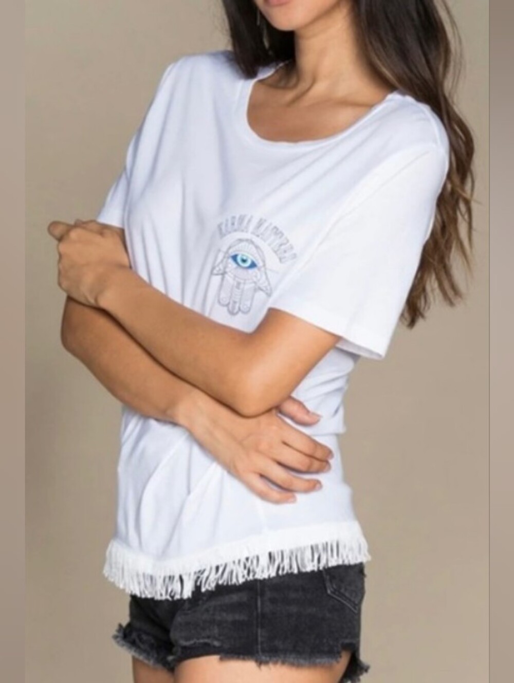 NWT Boho White Fringe-Hem Graphic Tee with Eye Motif